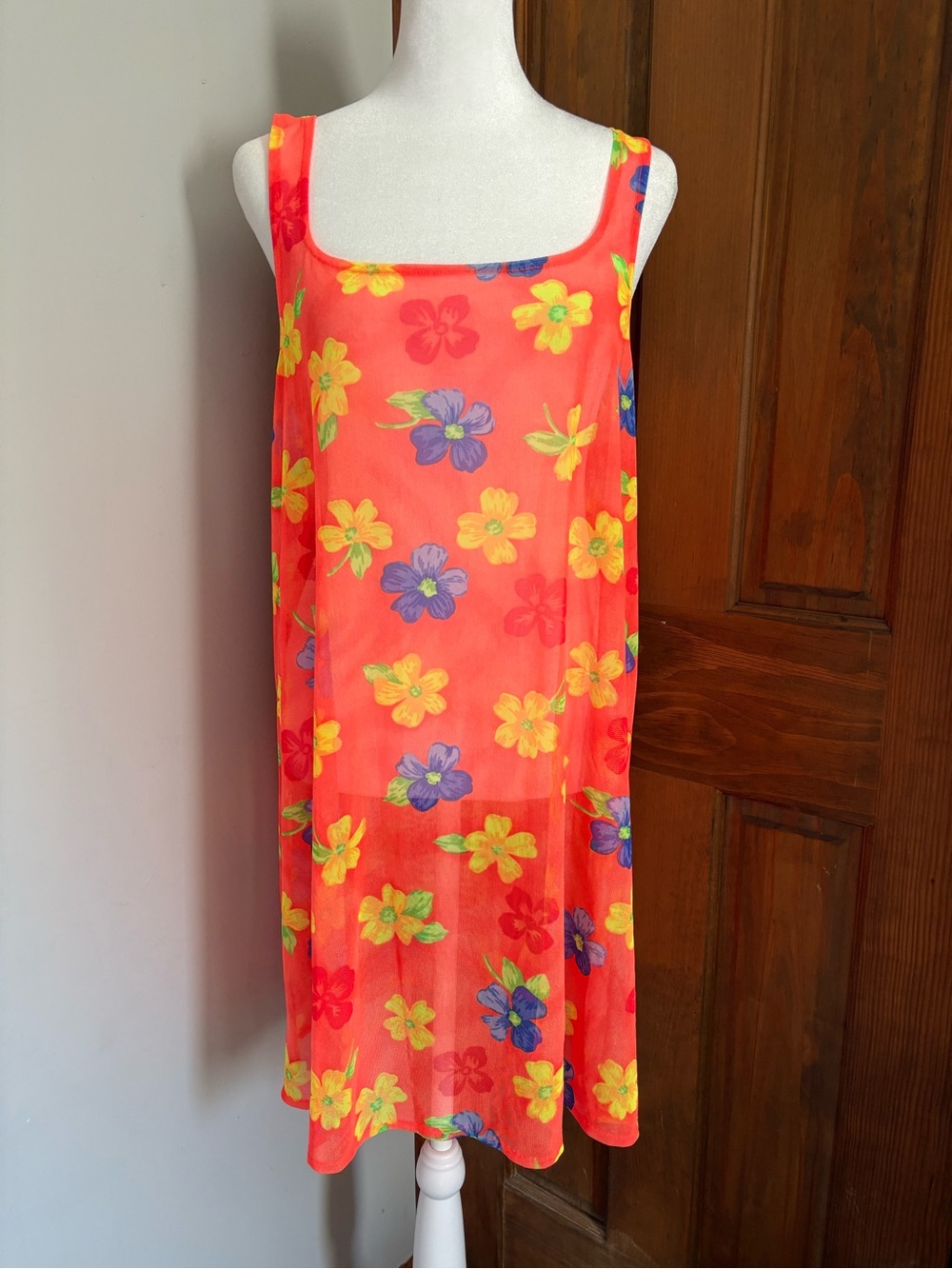 Vintage 90s Coral Key Large Women’s Neon Orange Floral Print Swim Coverup Dress